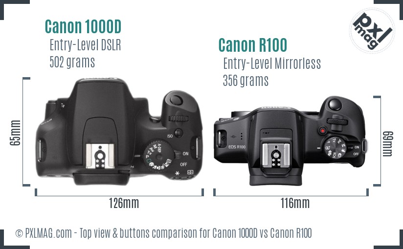 Canon 1000D vs Canon R100 top view buttons comparison