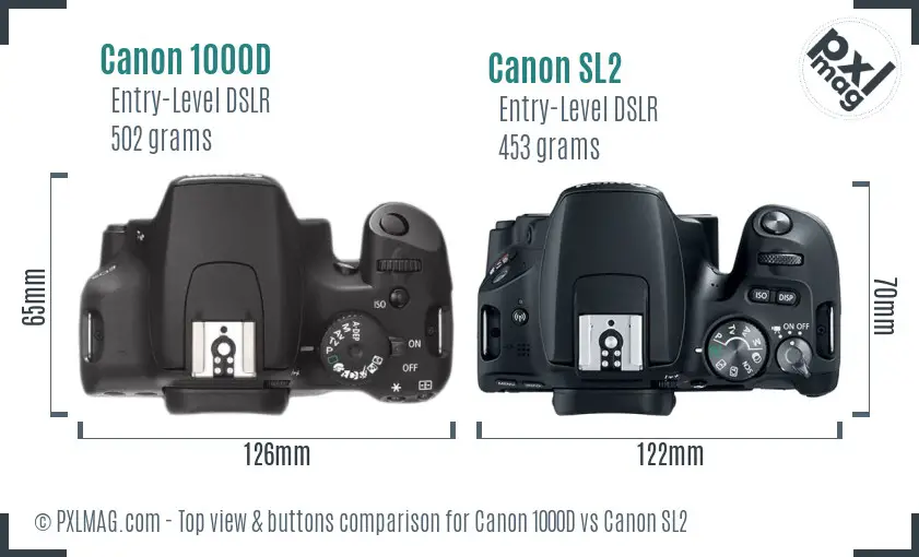 Canon 1000D vs Canon SL2 top view buttons comparison