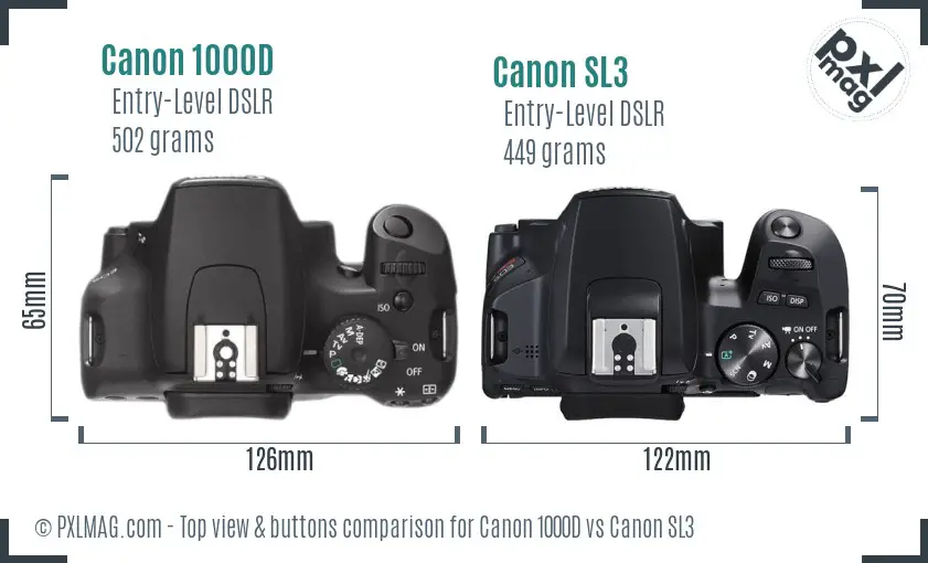 Canon 1000D vs Canon SL3 top view buttons comparison