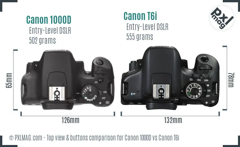 Canon 1000D vs Canon T6i top view buttons comparison
