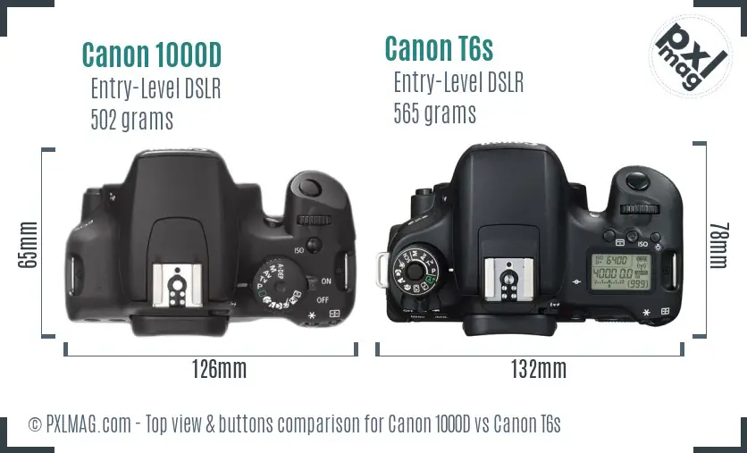 Canon 1000D vs Canon T6s top view buttons comparison