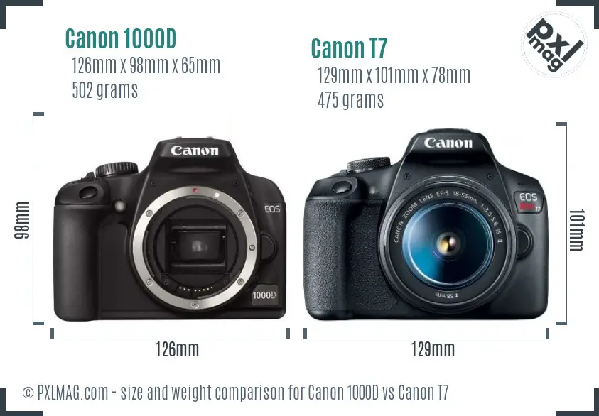 Canon 1000D vs Canon T7 size comparison