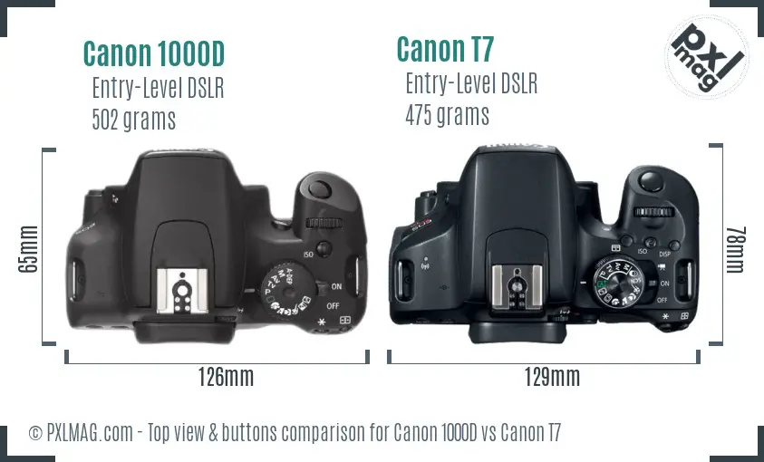Canon 1000D vs Canon T7 top view buttons comparison