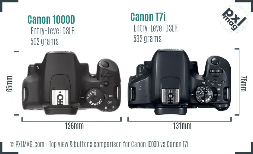 Canon 1000D vs Canon T7i top view buttons comparison