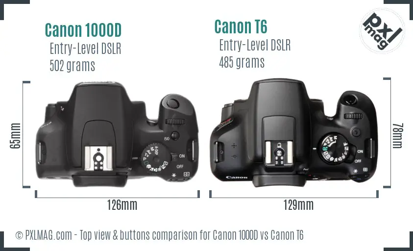 Canon 1000D vs Canon T6 top view buttons comparison