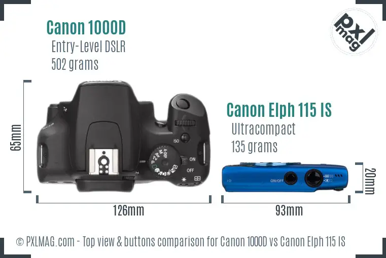 Canon 1000D vs Canon Elph 115 IS top view buttons comparison