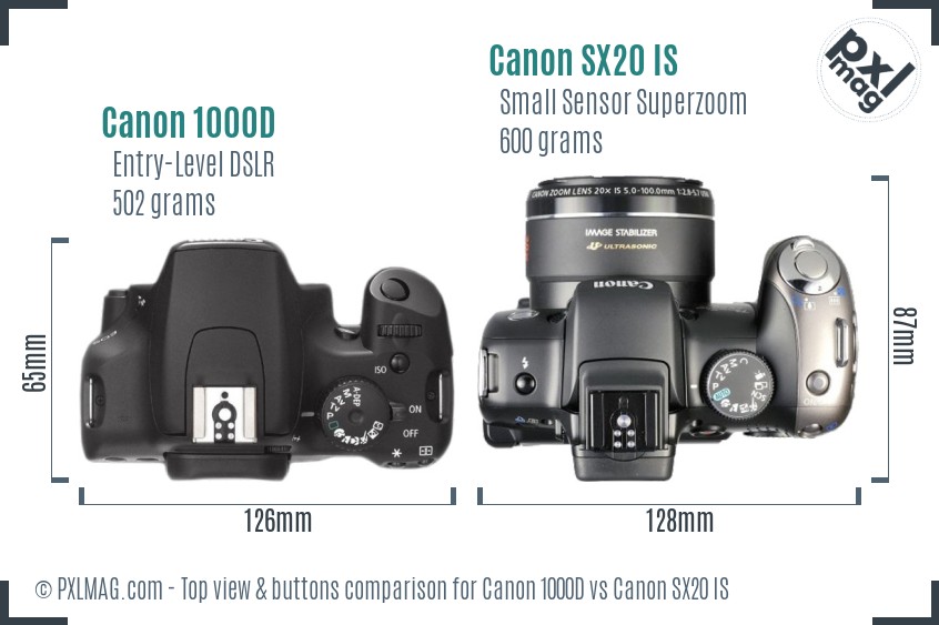 Canon 1000D vs Canon SX20 IS top view buttons comparison