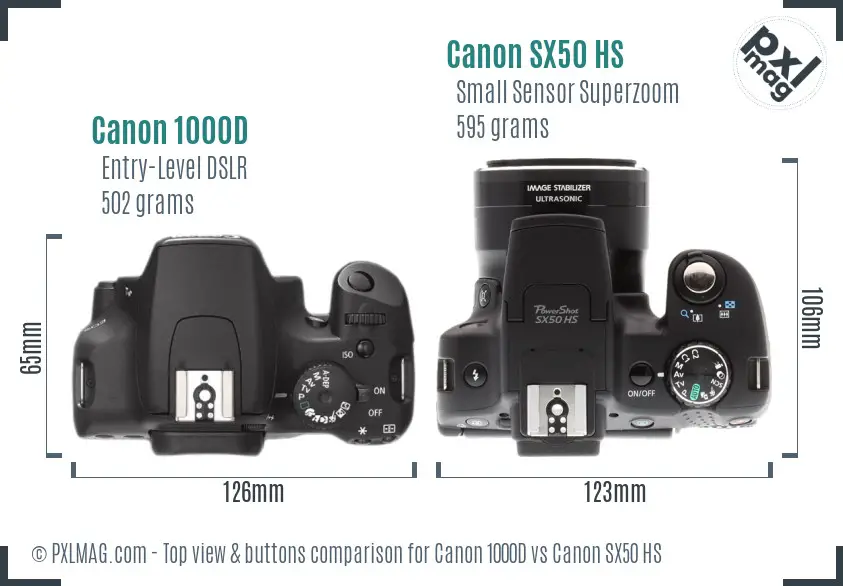 Canon 1000D vs Canon SX50 HS top view buttons comparison