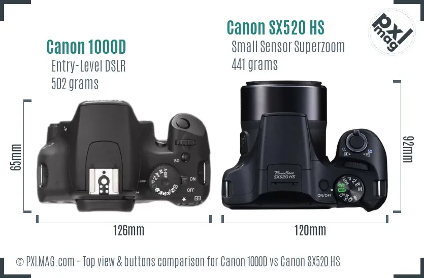 Canon 1000D vs Canon SX520 HS top view buttons comparison Canon 1000D vs Canon SX520 HS top view buttons comparison