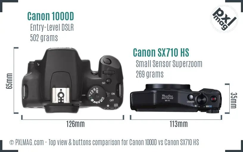 Canon 1000D vs Canon SX710 HS top view buttons comparison Canon 1000D vs Canon SX710 HS top view buttons comparison