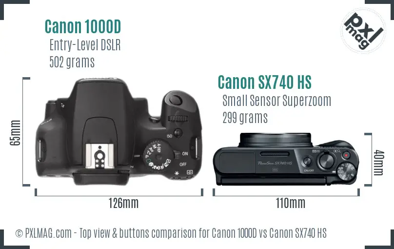 Canon 1000D vs Canon SX740 HS top view buttons comparison