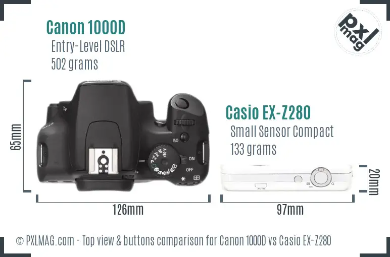 Canon 1000D vs Casio EX-Z280 top view buttons comparison