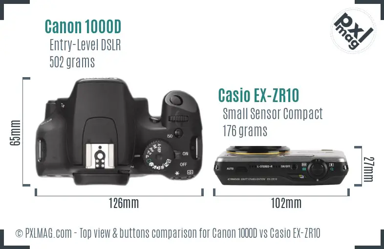 Canon 1000D vs Casio EX-ZR10 top view buttons comparison Canon 1000D vs Casio EX-ZR10 top view buttons comparison