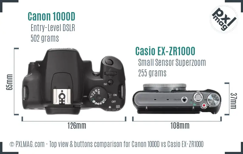 Canon 1000D vs Casio EX-ZR1000 top view buttons comparison Canon 1000D vs Casio EX-ZR1000 top view buttons comparison