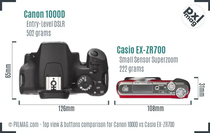 Canon 1000D vs Casio EX-ZR700 top view buttons comparison Canon 1000D vs Casio EX-ZR700 top view buttons comparison