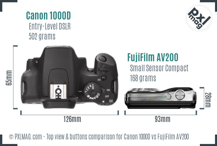 Canon 1000D vs FujiFilm AV200 top view buttons comparison