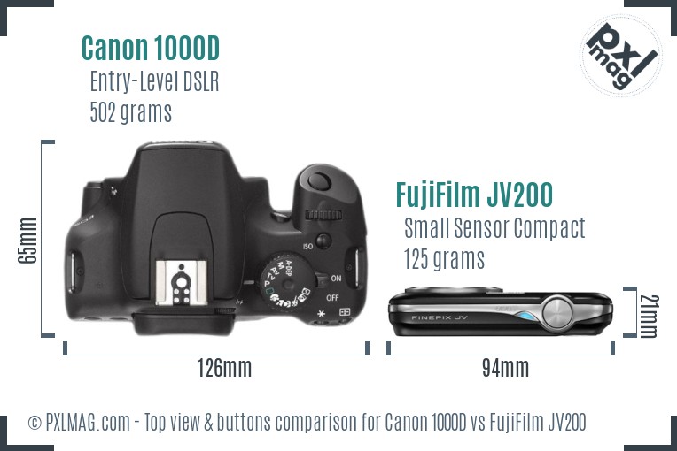 Canon 1000D vs FujiFilm JV200 top view buttons comparison