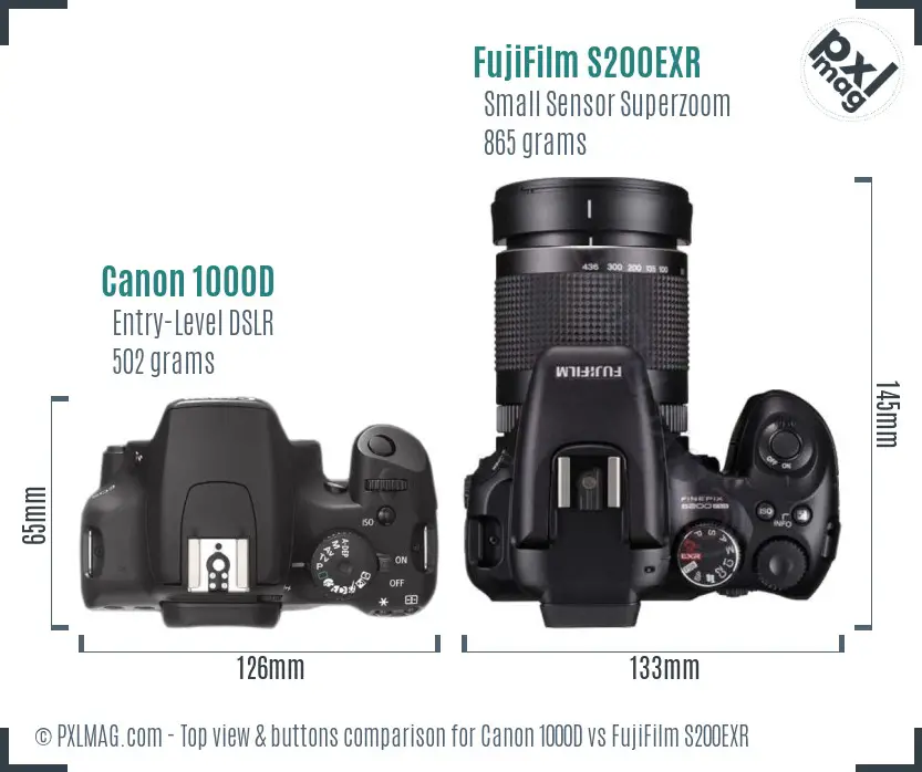 Canon 1000D vs FujiFilm S200EXR top view buttons comparison Canon 1000D vs FujiFilm S200EXR top view buttons comparison