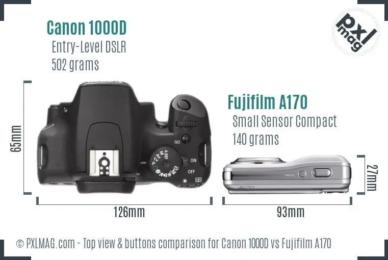 Canon 1000D vs Fujifilm A170 top view buttons comparison