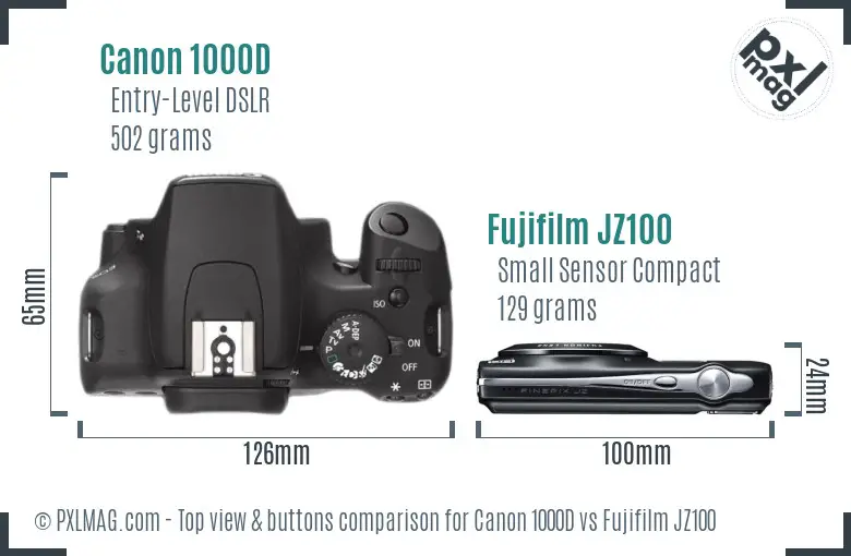 Canon 1000D vs Fujifilm JZ100 top view buttons comparison