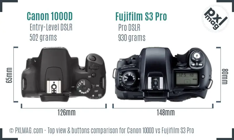 Canon 1000D vs Fujifilm S3 Pro top view buttons comparison Canon 1000D vs Fujifilm S3 Pro top view buttons comparison