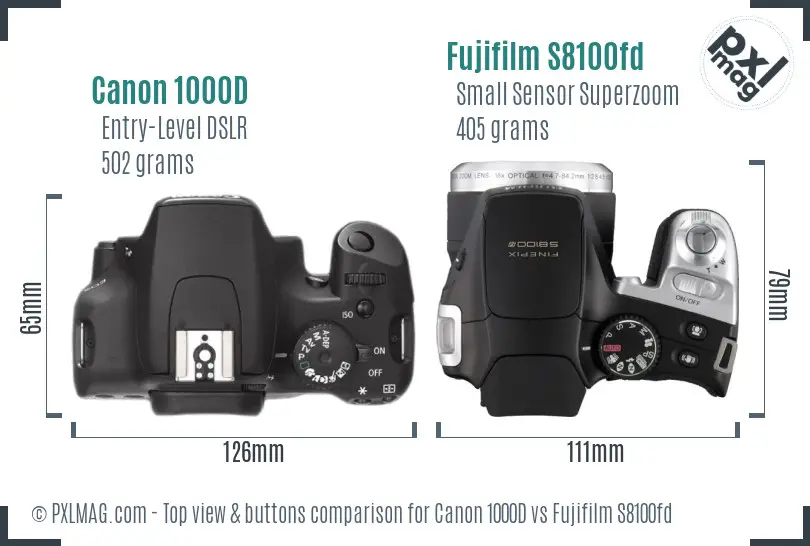 Canon 1000D vs Fujifilm S8100fd top view buttons comparison Canon 1000D vs Fujifilm S8100fd top view buttons comparison