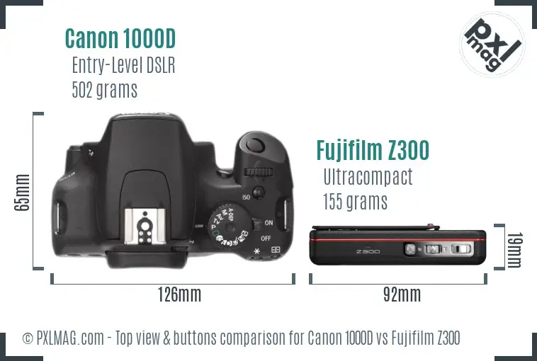 Canon 1000D vs Fujifilm Z300 top view buttons comparison Canon 1000D vs Fujifilm Z300 top view buttons comparison