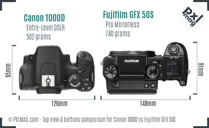 Canon 1000D vs Fujifilm GFX 50S top view buttons comparison