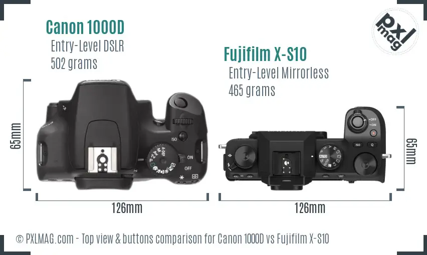 Canon 1000D vs Fujifilm X-S10 top view buttons comparison