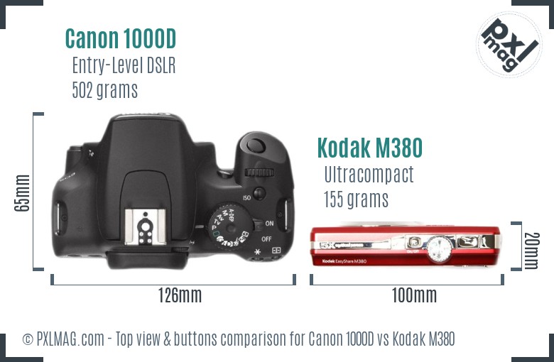 Canon 1000D vs Kodak M380 top view buttons comparison