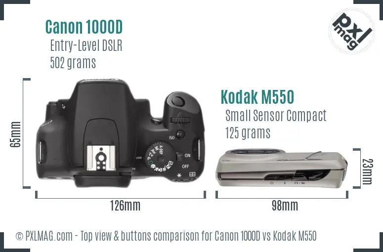 Canon 1000D vs Kodak M550 top view buttons comparison Canon 1000D vs Kodak M550 top view buttons comparison