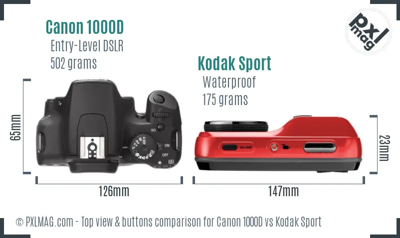 Canon 1000D vs Kodak Sport top view buttons comparison Canon 1000D vs Kodak Sport top view buttons comparison