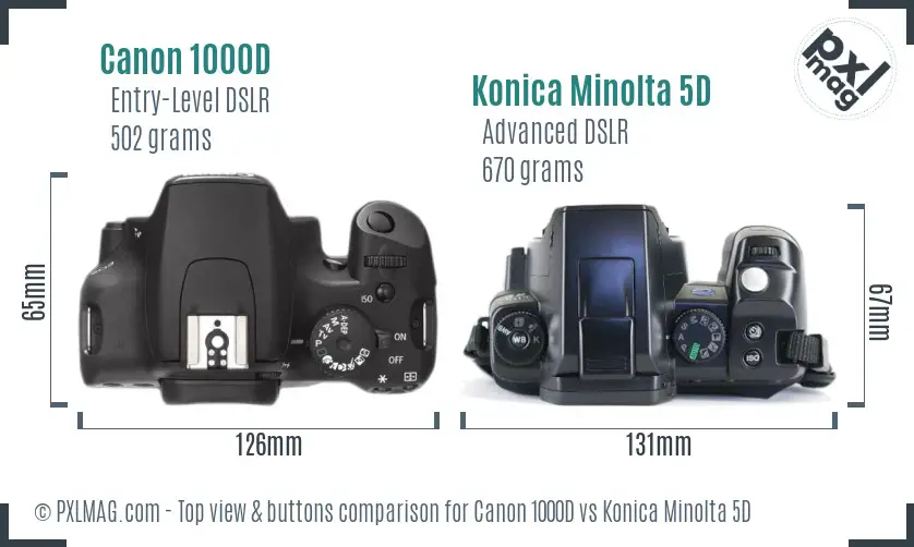 Canon 1000D vs Konica Minolta 5D top view buttons comparison