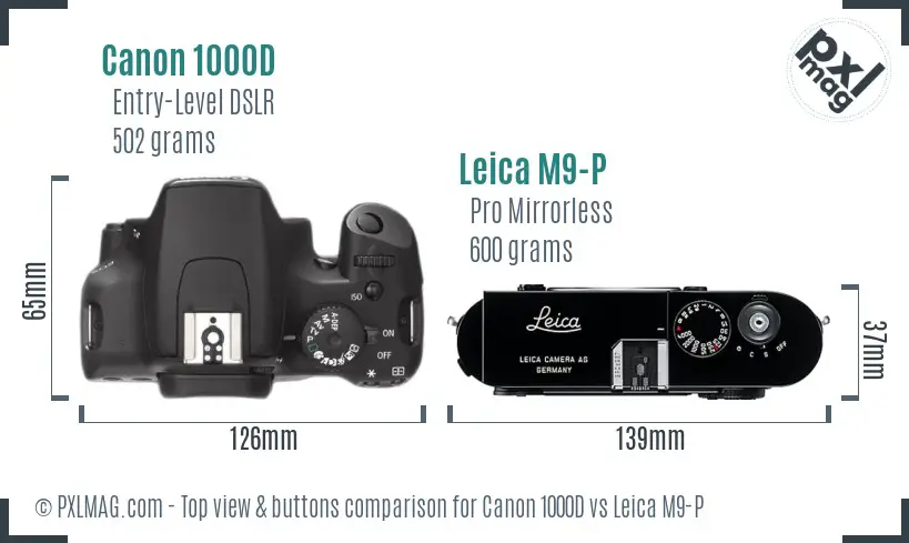 Canon 1000D vs Leica M9-P top view buttons comparison Canon 1000D vs Leica M9-P top view buttons comparison