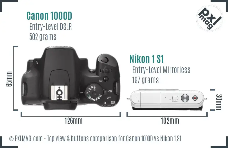 Canon 1000D vs Nikon 1 S1 top view buttons comparison Canon 1000D vs Nikon 1 S1 top view buttons comparison