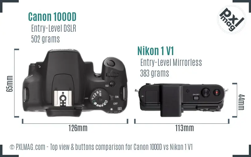 Canon 1000D vs Nikon 1 V1 top view buttons comparison Canon 1000D vs Nikon 1 V1 top view buttons comparison