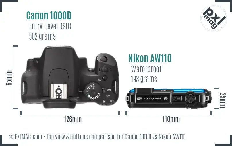 Canon 1000D vs Nikon AW110 top view buttons comparison Canon 1000D vs Nikon AW110 top view buttons comparison