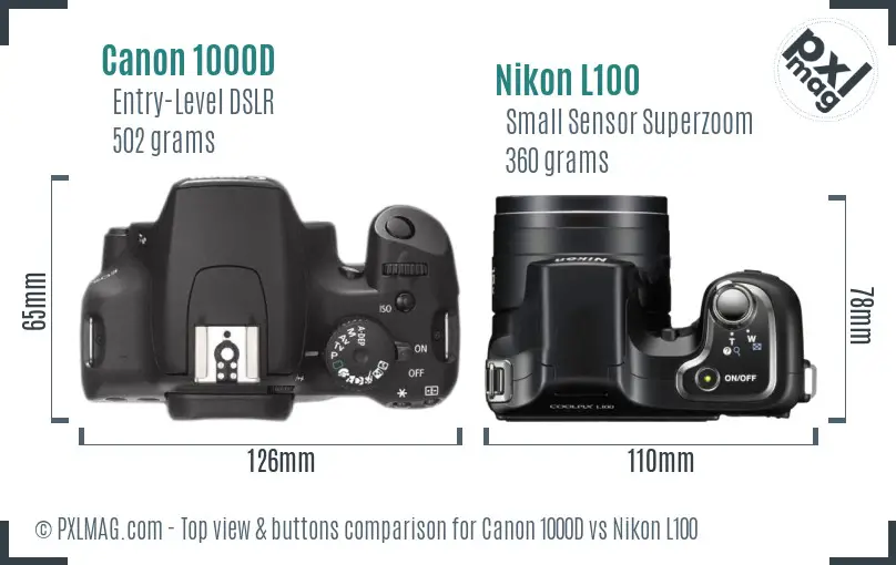 Canon 1000D vs Nikon L100 top view buttons comparison