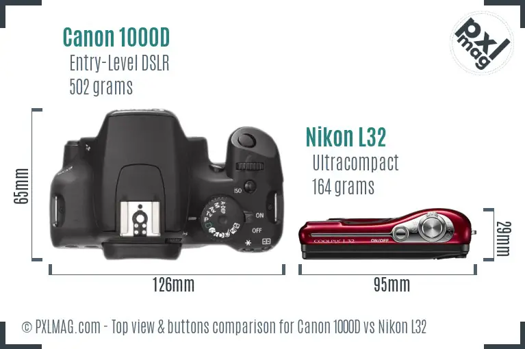 Canon 1000D vs Nikon L32 top view buttons comparison