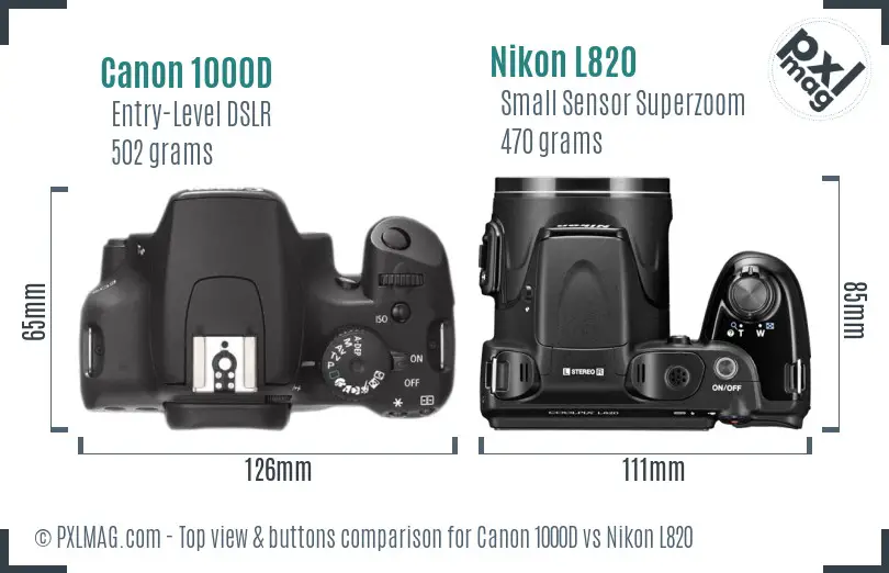 Canon 1000D vs Nikon L820 top view buttons comparison Canon 1000D vs Nikon L820 top view buttons comparison