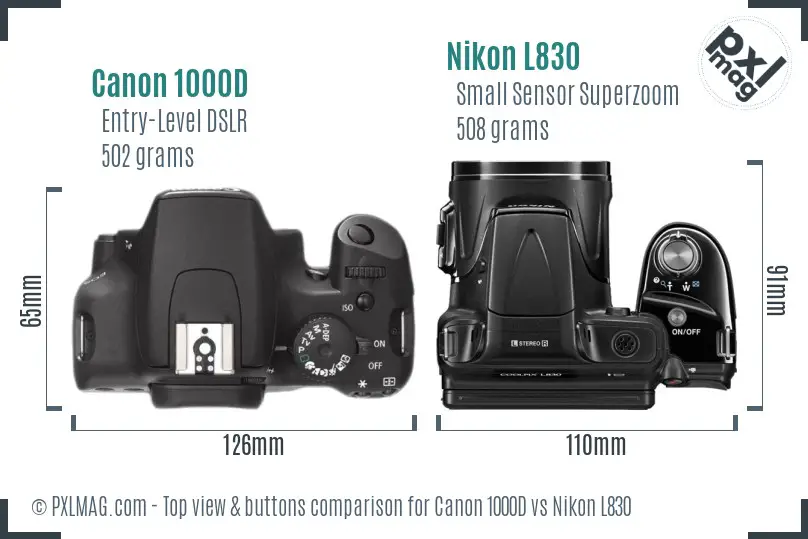 Canon 1000D vs Nikon L830 top view buttons comparison Canon 1000D vs Nikon L830 top view buttons comparison