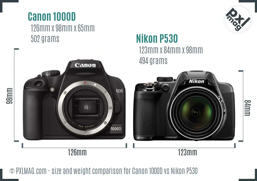 Canon 1000D vs Nikon P530 size comparison