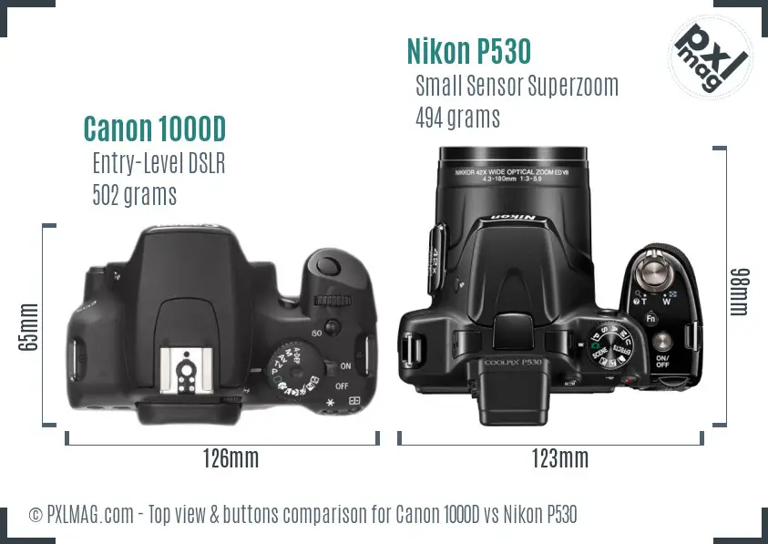 Canon 1000D vs Nikon P530 top view buttons comparison