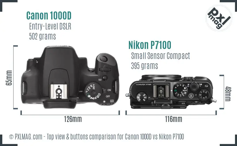 Canon 1000D vs Nikon P7100 top view buttons comparison