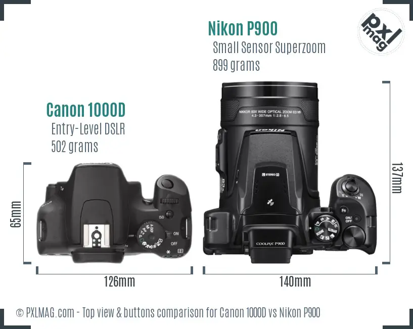 Canon 1000D vs Nikon P900 top view buttons comparison Canon 1000D vs Nikon P900 top view buttons comparison
