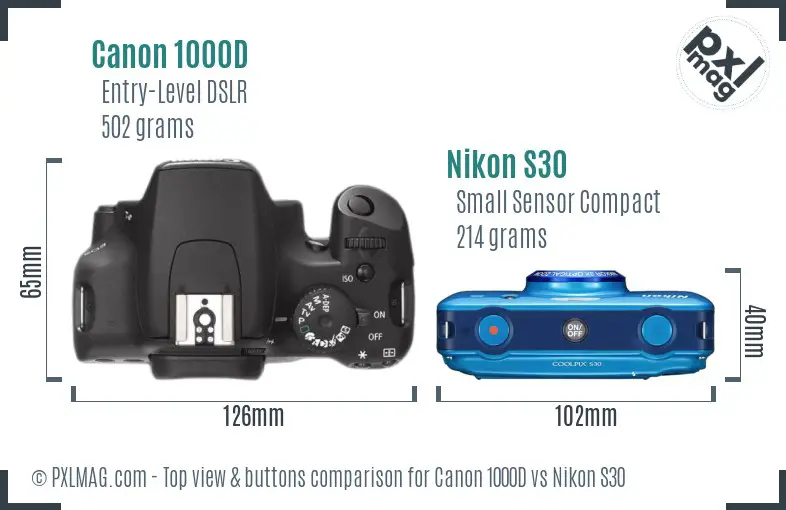 Canon 1000D vs Nikon S30 top view buttons comparison Canon 1000D vs Nikon S30 top view buttons comparison
