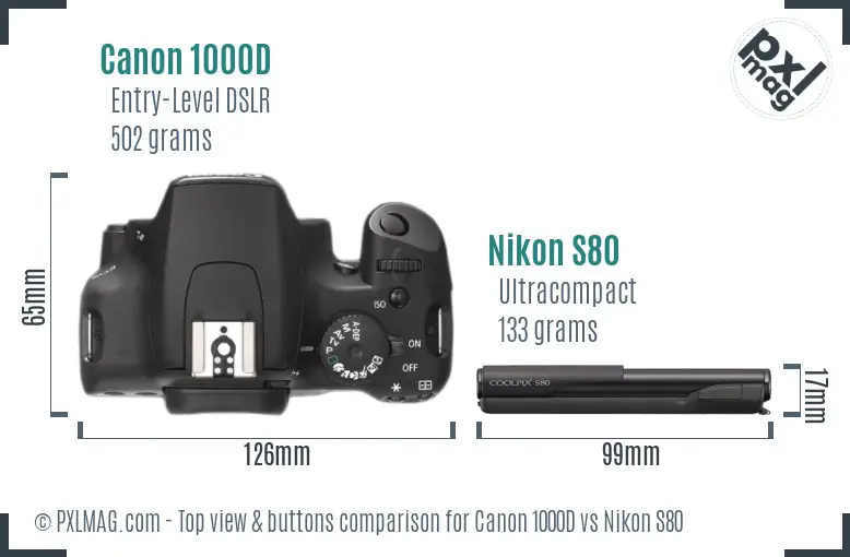 Canon 1000D vs Nikon S80 top view buttons comparison Canon 1000D vs Nikon S80 top view buttons comparison