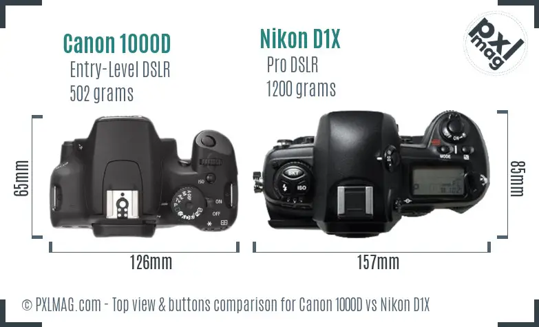 Canon 1000D vs Nikon D1X top view buttons comparison Canon 1000D vs Nikon D1X top view buttons comparison