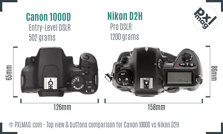 Canon 1000D vs Nikon D2H top view buttons comparison Canon 1000D vs Nikon D2H top view buttons comparison