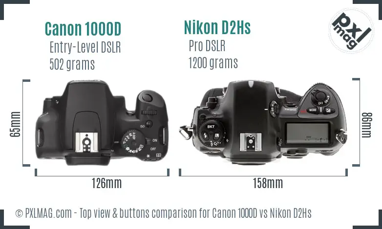 Canon 1000D vs Nikon D2Hs top view buttons comparison Canon 1000D vs Nikon D2Hs top view buttons comparison
